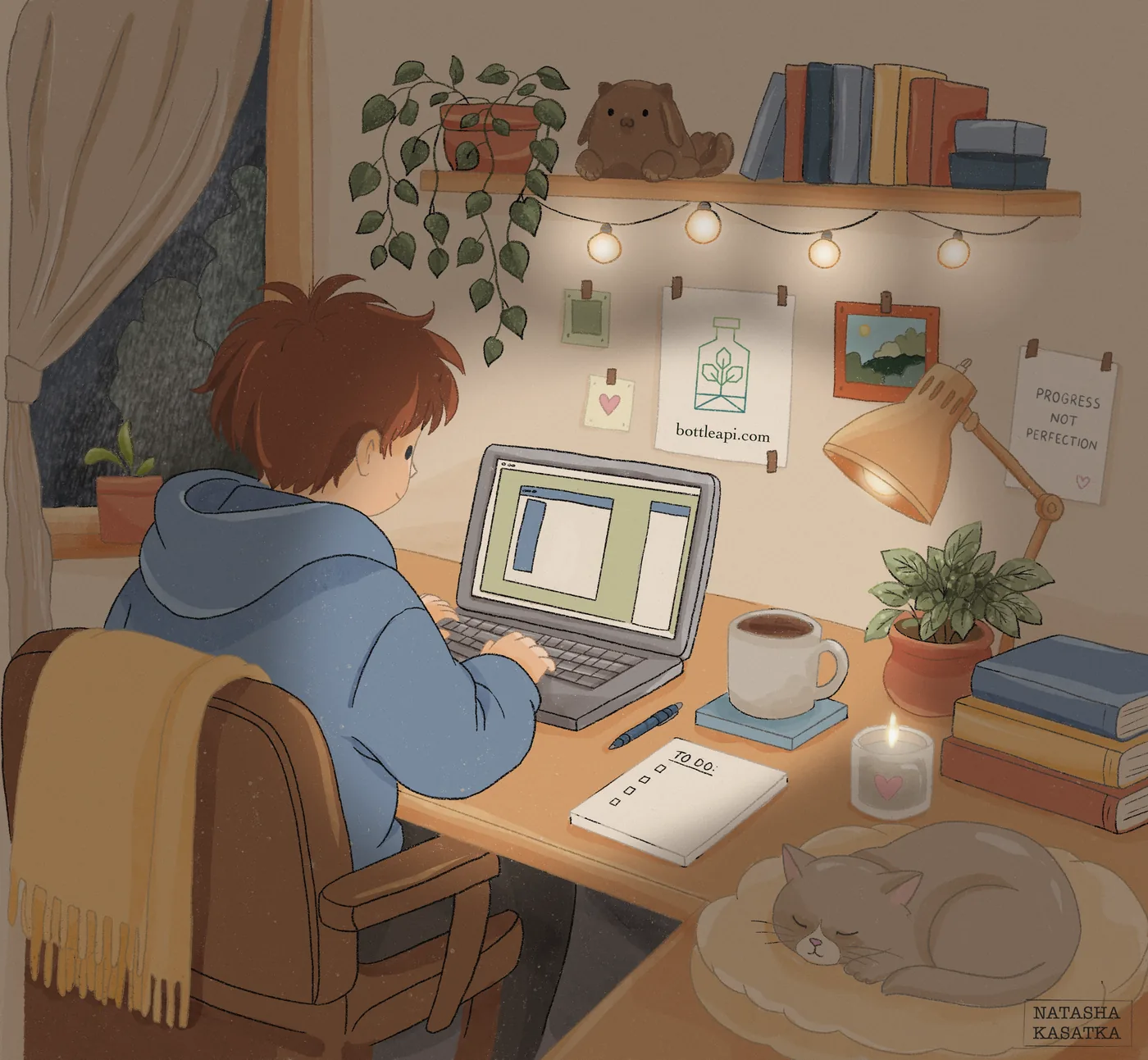 An illustrated desk at night. Someone in a blue hoodie works at a laptop by lamplight, a cat asleep on the desk beside them, string lights and houseplants on the wall behind, and a Bottle API poster pinned above the desk next to a note reading progress not perfection.